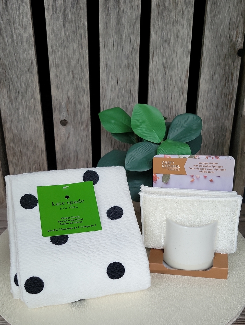 Kate Spade White Polka Dot Kitchen Towels - Set of 2 & Ceramic Sponge Holder